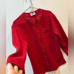 Vintage Teddi Red Lace Trim Button-Front Cardigan Med